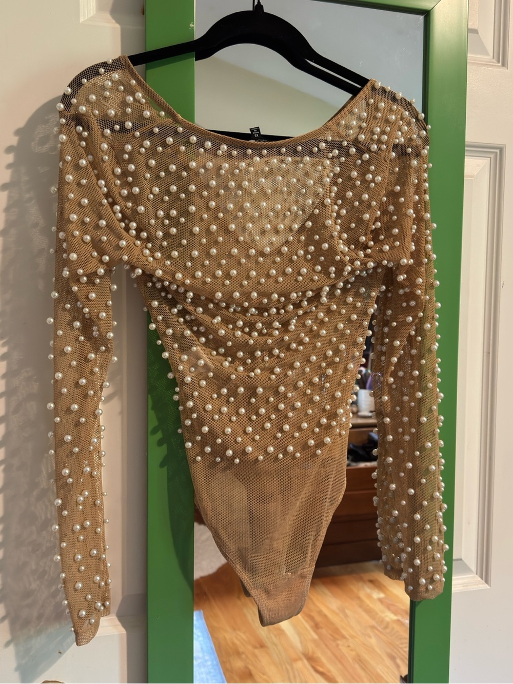 Fashion Nova Nude Pearl-Embellished Mesh Top